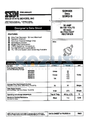 SDR305 datasheet - 30 AMP 50-150 VOLTS 50 nsec ULTRA FAST RECTIFIER