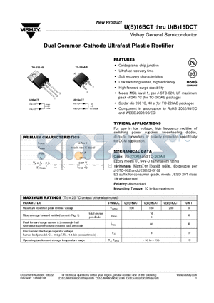 UB16DCT-E3/8W datasheet - Dual Common-Cathode Ultrafast Plastic Rectifier