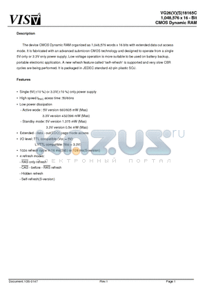 VG26S18165CJ-5 datasheet - 1,048,576 x 16 - Bit CMOS Dynamic RAM