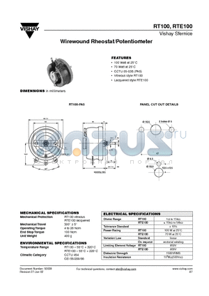 RTE100 datasheet - Wirewound Rheostat/Potentiometer