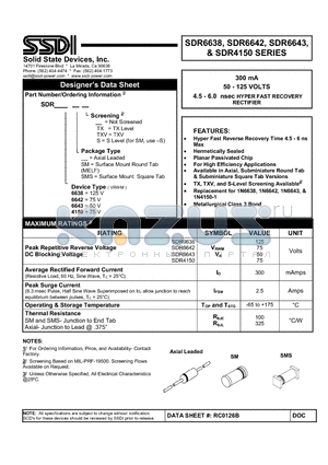 SDR4150 datasheet - 300 mA 50 - 125 VOLTS 4.5 - 6.0 nsec HYPER FAST RECOVERY RECTIFIER