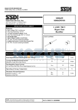 SDR429SMS datasheet - 1 AMP, 700 V Hyper Fast Rectifier