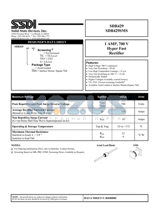 SDR429SMSS datasheet - 1AMP, 700V Hyper Fast Rectifier