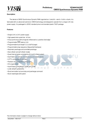 VG36641641BT datasheet - CMOS Synchronous Dynamic RAM