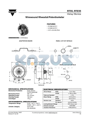 RTE55 datasheet - Wirewound Rheostat/Potentiometer