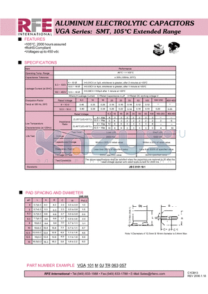 VGA101M0JTR063057 datasheet - ALUMINUM ELECTROLYTIC CAPACITORS VGA Series: SMT, 105C Extended Range