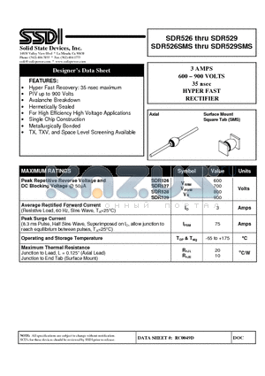 SDR526SMS datasheet - 3 AMPS 600 - 900 VOLTS 35 nsec HYPER FAST RECTIFIER