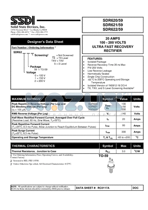 SDR62059 datasheet - 20AMPS 100 - 200 VOLTS ULTRA FAST RECOVERY RECTIFIER