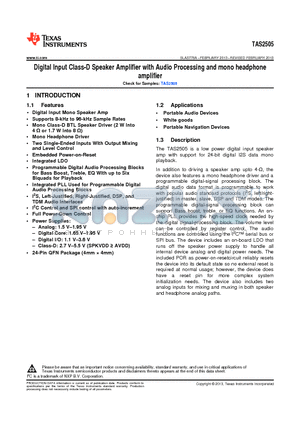 TAS2505 datasheet - Digital Input Class-D Speaker Amplifier with Audio Processing and mono headphone amplifier