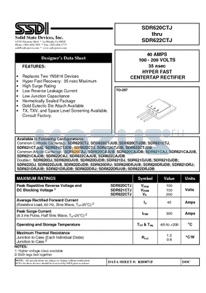 SDR620CTJ datasheet - 40 AMPS 100 - 200 VOLTS 35 nsec HYPER FAST CENTERTAP RECTIFIER