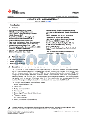 TAS3202 datasheet - AUDIO DSP WITH ANALOG INTERFACE