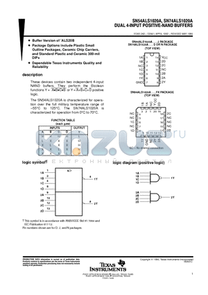 SN74ALS1020A datasheet - DUAL 4-INPUT POSITIVE-NAND BUFFERS