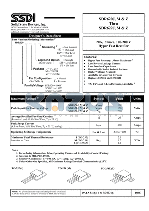 SDR620J datasheet - 20A, 35nsec, 100-200 V Hyper Fast Rectifier