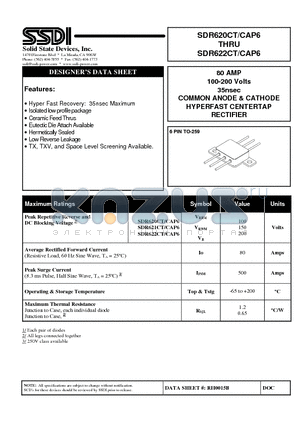 SDR621CT/CAP6 datasheet - 80AMP 100-200Volts 35nsec COMMON ANODE & CATHODE HYPERFAST CENTERTAP RECTIFIER