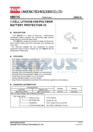 UB211C datasheet - 1-CELL LITHIUM-ION/POLYMER BATTERY PROTECTION IC