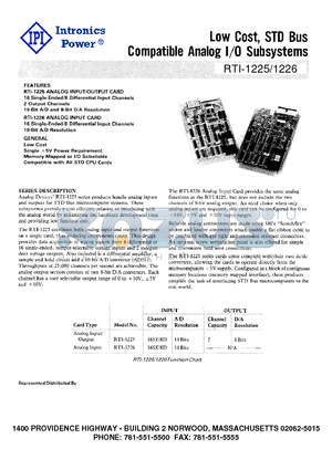 RTI-1225 datasheet - Low Cost, STD Bus Compatible Analog I/O Subsystems