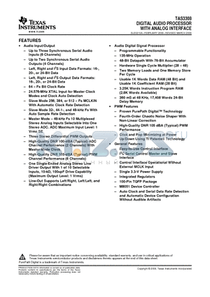 TAS3308PZTR datasheet - DIGITAL AUDIO PROCESSOR WITH ANALOG INTERFACE