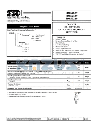 SDR622 datasheet - ULTRA FAST RECOVERY RECTIFIER