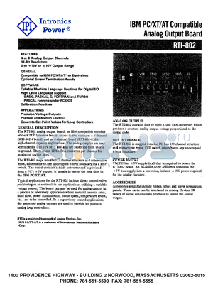 RTI-802 datasheet - IBM PC/XT/AT Compatible Analog Output Board