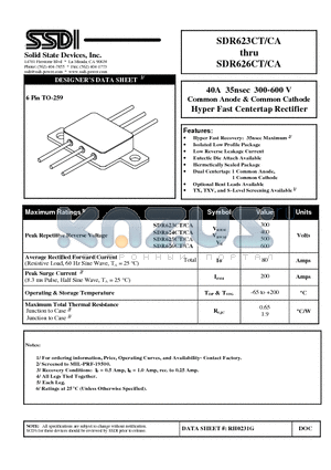 SDR623CT-CA datasheet - 40A 35nsec 300-600 V Common Anode & Common Cathode Hyper Fast Centertap Rectifier