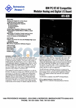 RTI-820 datasheet - IBM PC/XT/AT Compatible Modular Analog and Digital I/O Board