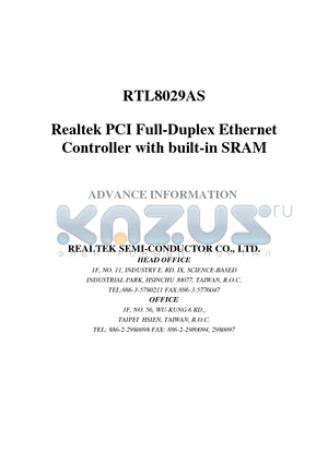 RTL8029AS datasheet - Realtek PCI Full-Duplex Ethernet Controller with built-in SRAM