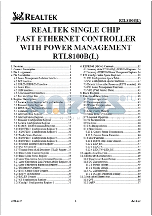 RTL8100 datasheet - REALTEK SINGLE CHIP FAST ETHERNET CONTROLLER WITH POWER MANAGEMENT