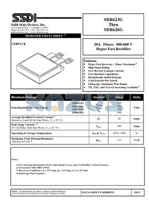 SDR624G datasheet - 20A 35nsec 300-600 V Hyper Fast Rectifier