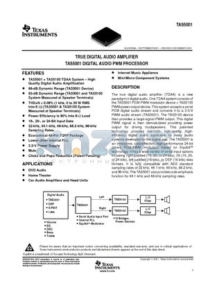 TAS5001PFBR datasheet - TRUE DIGITAL AUDIO AMPLIFIER DIGITAL AUDIO PWM PROCESSOR