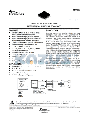TAS5010PFB datasheet - TRUE DIGITAL AUDIO AMPLIFIER TAS5010 DIGITAL AUDIO PWM PROCESSOR