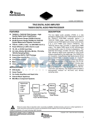 TAS5010 datasheet - TRUE DIGITAL AUDIO AMPLIFIER TAS5010 DIGITAL AUDIO PWM PROCESSOR