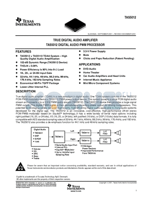 TAS5012IPFB datasheet - TRUE DIGITAL AUDIO AMPLIFIER DIGITAL AUDIO PWM PROCESSOR