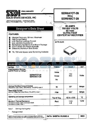 SDR627CT-28 datasheet - 20 AMP 700 -800 VOLTS 60 nsec ULTRA FAST CENTERTAP RECTIFIER