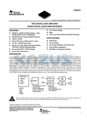 TAS5012PFB datasheet - TRUE DIGITAL AUDIO AMPLIFIER TAS5012 DIGITAL AUDIO PWM PROCESSOR
