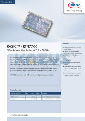 RTN7700 datasheet - SiGe Automotive Radar VCO for 77GHz