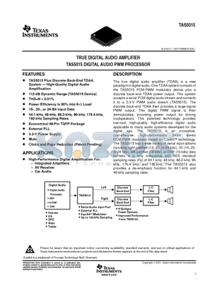 TAS5015 datasheet - TRUE DIGITAL AUDIO AMPLIFIER DIGITAL AUDIO PWM PROCESSOR