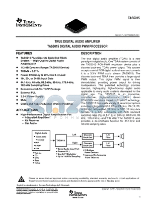 TAS5015PFB datasheet - TRUE DIGITAL AUDIO AMPLIFIER TAS5015 DIGITAL AUDIO PWM PROCESSOR