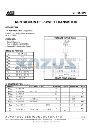 VHB1-12T datasheet - NPN SILICON RF POWER TRANSISTOR