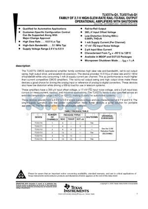 TLV277X-Q1 datasheet - FAMILY OF 2.7-V HIGH-SLEW-RATE RAIL-TO-RAIL OUTPUT OPERATIONAL AMPLIFIERS WITH SHUTDOWN