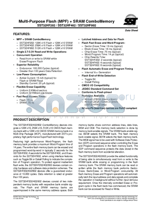 SST32HF202 datasheet - Multi-Purpose Flash (MPF)  SRAM ComboMemory
