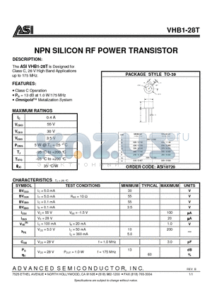 VHB1-28T datasheet - NPN SILICON RF POWER TRANSISTOR