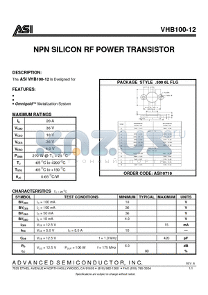 VHB100-12 datasheet - NPN SILICON RF POWER TRANSISTOR