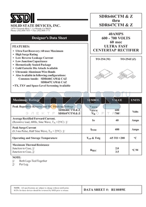 SDR647CTM datasheet - 40AMPS 600 - 700 VOLTS 60 nsec ULTRA FAST CENTERTAP RECTIFIER