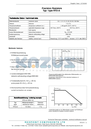 RTO-A-20R0-1.0 datasheet - Precision Resistors