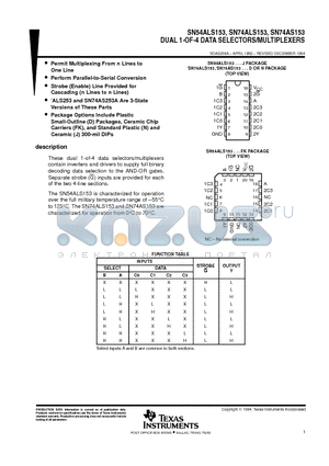 SN74ALS153N datasheet - DUAL 1-OF-4 DATA SELECTORS/MULTIPLEXERS