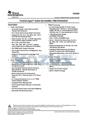 TAS5086 datasheet - PurePath Digital TM AUDIO SIX-CHANNEL PWM PROCESSOR