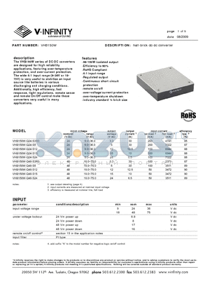 VHB150W-Q24-S15 datasheet - half-brick dc-dc converter