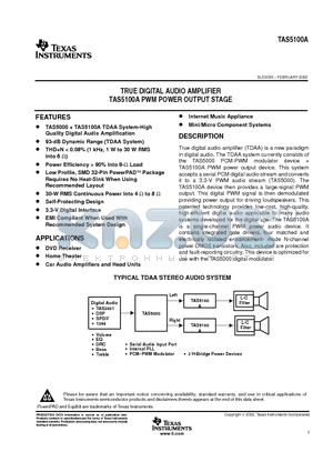 TAS5100 datasheet - TRUE DIGITAL AUDIO AMPLIFIER TAS5100A PWM POWER OUTPUT STAGE