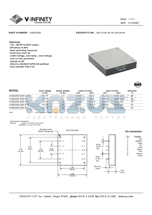 VHB200W datasheet - half brick dc-dc converter