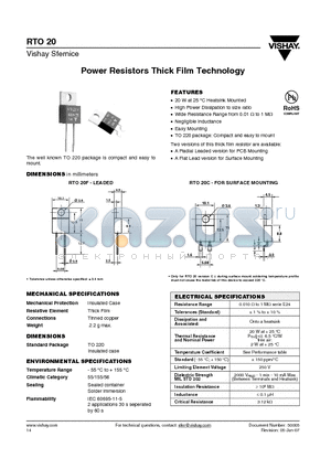 RTO20 datasheet - Power Resistors Thick Film Technology